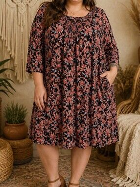 NWT Gozzip Black Floral Long Sleeve Smocked Yoke Dress Plus Size Dark Romantic